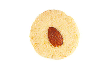 One Almond Cookie on a white background. Top-down view. Food Flat lay.