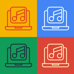 Pop art line Laptop with music note symbol on screen icon isolated on color background. Vector