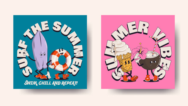 Set of summer retro posters or cards with walking funny cute comic characters. Lettering illustration for t-shirt print. Suitcase, ice cream, cocktail, spf cream, watermelon, pool float, surf