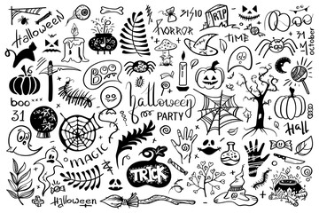 Big Set Halloween pictures in doodle style. Line art illustrations
