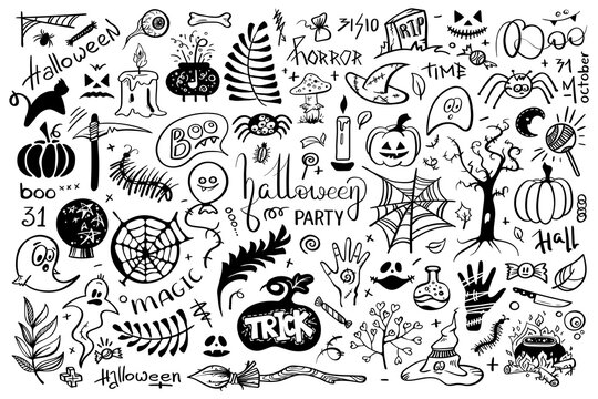 Big Set Halloween pictures in doodle style. Line art illustrations