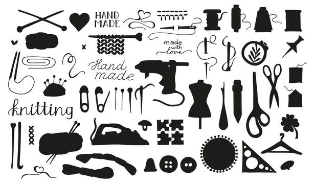Knitting and crochet.  Vector set of black silhouette picture. hand-drawn design elements. sketch icon illustration