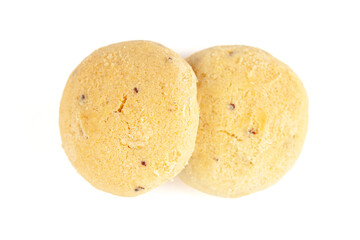 Two coconut butter bakery cookies. on a white background. Top-down view. Food Flat lay.