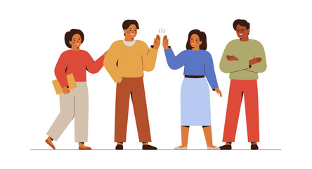 Business team celebrate success of finished project. Men and women work together in collaboration and giving high five with joy. Unity and support between colleagues and partners. Vector illustration