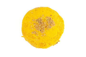 One Yellow cookie on a white background. Top-down view. Food Flat lay.