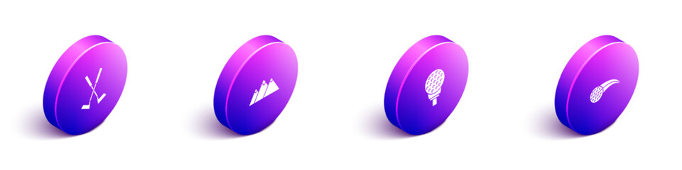 Set Isometric Crossed golf club, Mountains, Golf ball on tee and icon. Vector