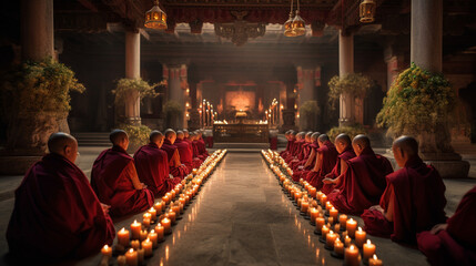 A group of monks engaged in a traditional ceremony inside a tranquil monastery Generative AI - obrazy, fototapety, plakaty