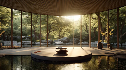 A serene meditation retreat set in a picturesque natural landscape Generative AI