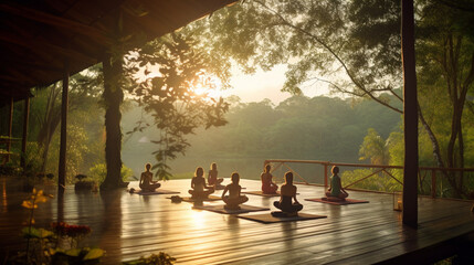 A serene yoga retreat with practitioners engaged in poses amidst tranquil surroundings Generative AI