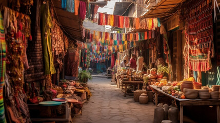 Obraz premium A vibrant street market with colorful textiles, handicrafts, and traditional street food Generative AI