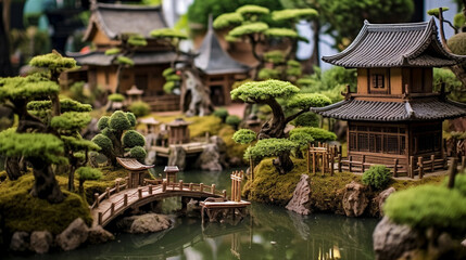 Fototapeta na wymiar A traditional Japanese garden with meticulously pruned bonsai trees and tranquil ponds Generative AI