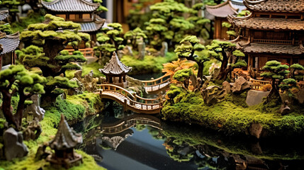 Naklejka premium A traditional Japanese garden with meticulously pruned bonsai trees and tranquil ponds Generative AI