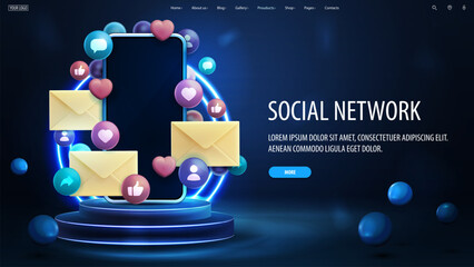 Social network, blue banner for website with offer and smartphone on podium surrounded with floating social network elements