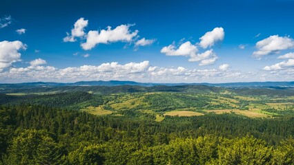 Naklejka na ściany i meble Aerial view of Bieszczady mountains on a sunny summer day in Poland