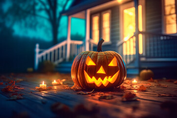 Halloween scary pumpkin, candles and dry leaves on the background of the evening house. Halloween background. AI generated.