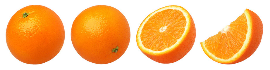 Orange fruit half and slices isolated, Orange fruit macro studio photo, transparent png, collection, PNG format, cut out