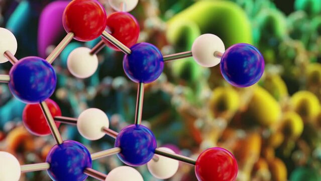 3D rendered animation of molecules connected to each other on blurred background