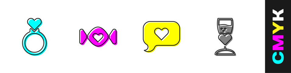 Set Wedding rings, Candy, Heart speech bubble and Glass of champagne icon. Vector