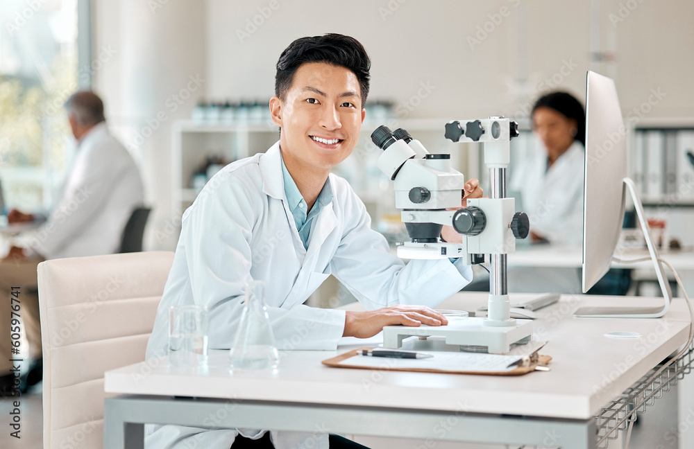 Poster portrait, science and microscope with an asian man doctor working in a lab for research or innovatio