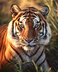 Naklejka premium Portrait of Tiger looking at the camera. Close-up. Generative Ai content.