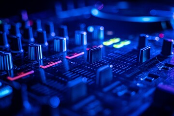 Closeup of DJ mixer with lights