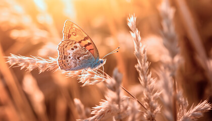 butterfly on the grass at sunset time, beige and yellow generative AI wallpaper 