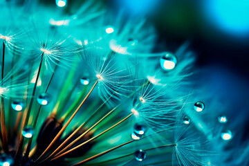 Dandelion seeds and droplets of water, generative AI soft focus artistic visualisation for background or wallpaper