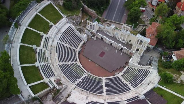 Flight over Roman stadium and old city center of Plovdiv, Bulgaria