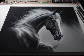 Black and white horse portrait in motion, hyperrealism, photorealism, photorealistic