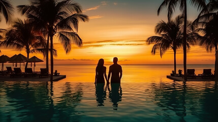 Fototapeta premium Silhouette of man and woman standing in swimming pool at beautiful sunset. Generative AI.
