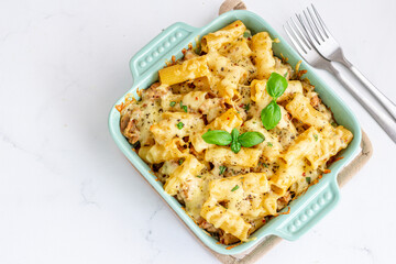 Chicken Pasta Bake Top Down Photo, Mediterranean Food Photography