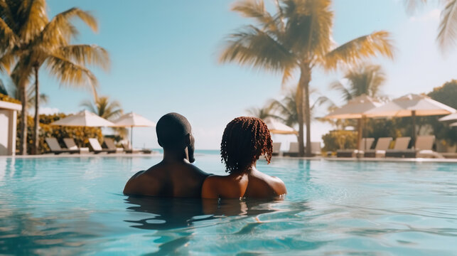 Back View Of African American Couple Relaxing In Swimming Pool At Luxury Resort. Generative AI.