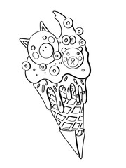 contour line illustration sketch food ice cream waffle cone animal piglet chocolate and corn rings design element for coloring book cover print stickers and media