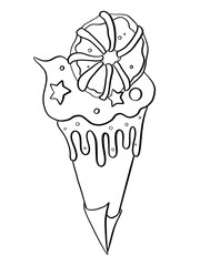 contour line illustration sketch food ice cream waffle cone with donut and chocolate design element for coloring book cover print stickers and media