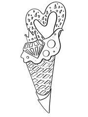 contour line illustration sketch food ice cream waffle cone with heart design element for coloring book cover print stickers and media