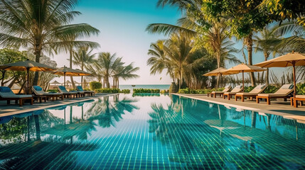 Fototapeta na wymiar Beautiful luxury swimming pool with umbrella and chair in hotel pool resort. Generative AI.