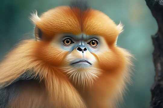 Close up of golden snub nosed monkey, hyperrealism, photorealism, photorealistic