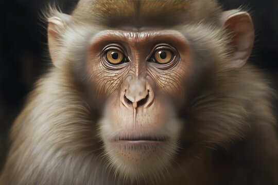 Close up of Tibetan macaque in forest, hyperrealism, photorealism, photorealistic