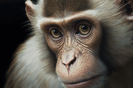 Close up of Tibetan macaque in forest, hyperrealism, photorealism, photorealistic