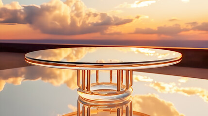 Empty glass table on crystal water surface on sunset sky background. Show case for natural cosmetic products. Concept scene stage for new product, promotion sale and presentation. Generative ai