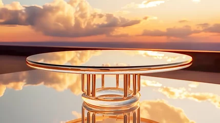 Fototapete Lachsfarbe Empty glass table on crystal water surface on sunset sky background. Show case for natural cosmetic products. Concept scene stage for new product, promotion sale and presentation. Generative ai