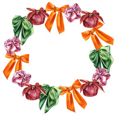 Watercolor wreath with colorful bows. Isolated painted illustration on white background - 605977994