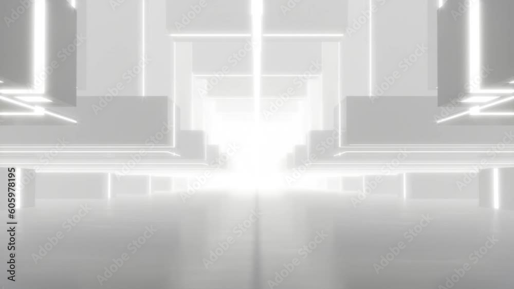 Poster 3d rendering of abstract white cube futuristic geometry tunnel architecture, loop animation.