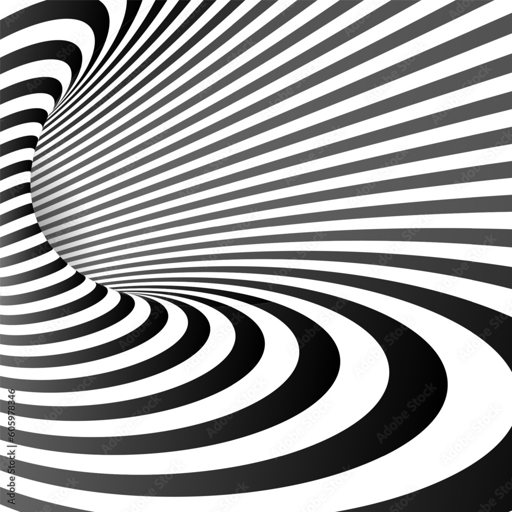 Wall mural abstract optical illusion. hypnotic spiral tunnel with black and white lines. vector illustration.