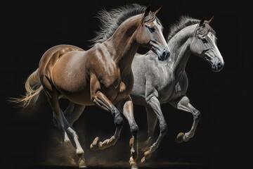 Fototapeta na wymiar Couple of horses portrait run isolated on black background, hyperrealism, photorealism, photorealistic