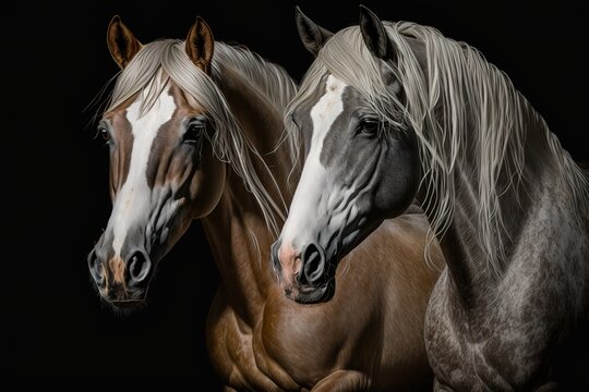 Couple of horses portrait run isolated on black background, hyperrealism, photorealism, photorealistic