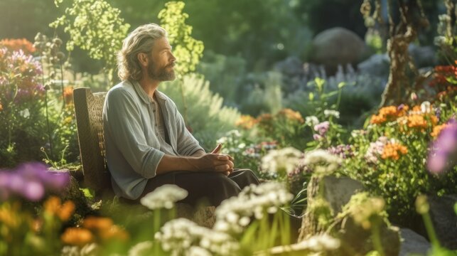 Middle aged man sitting on a bench in a peaceful garden full of flowers. Generative AI illustration.