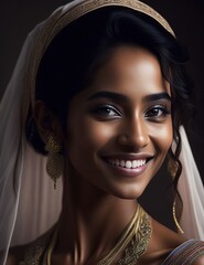 Portrait of beautiful smiling young Indian Hyderabadi woman in elegant wedding bridal dress.
