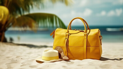 Yellow travel bag with hat and sunglasses on tropical beach. Summer vacation concept. Generative AI.