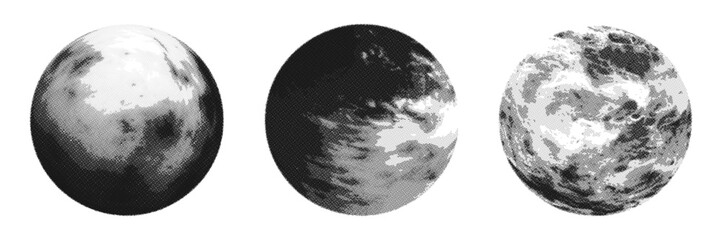 Set of hand drawn halftone planets. Space vector design elements.